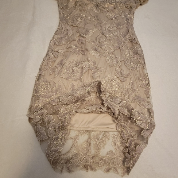 Tadashi Shoji Sz 8 Maci Gold Lace V-Neck Floral Embroidered Lined Cocktail Dress - Picture 9 of 16